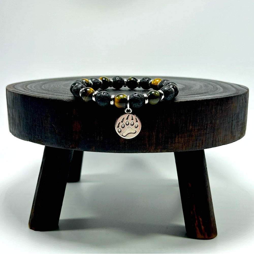 Handmade Bear Paw Charm Bracelet with Lava Rock & Tiger’s Eye Stones!